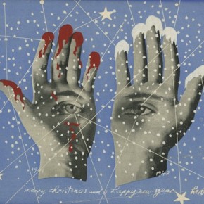mixed media collage of two open hands with human eyes in their palms; finger tips have blood and snow on them