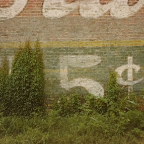 brick wall with painted sign reading: "5 cents"; overgrown grass and ivy