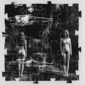 multiple exposures of nude woman standing in forest; printed on puzzle pieces